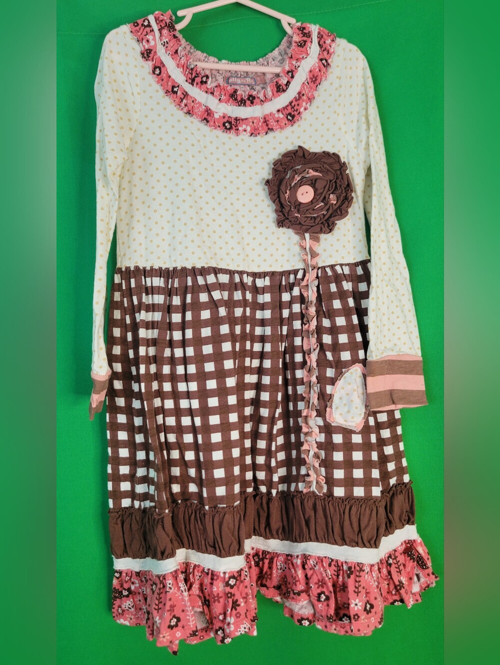 Jelly The Pug Pink, Brown & Cream Ruffle-Trimmed Girls Dress